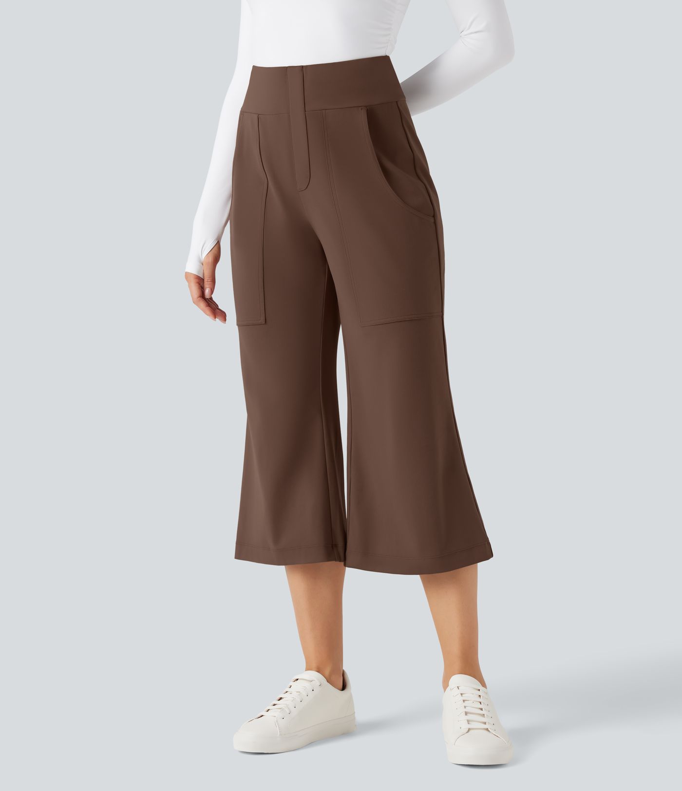 DayStretch High Waisted Flare Cropped Casual Trousers with Pockets