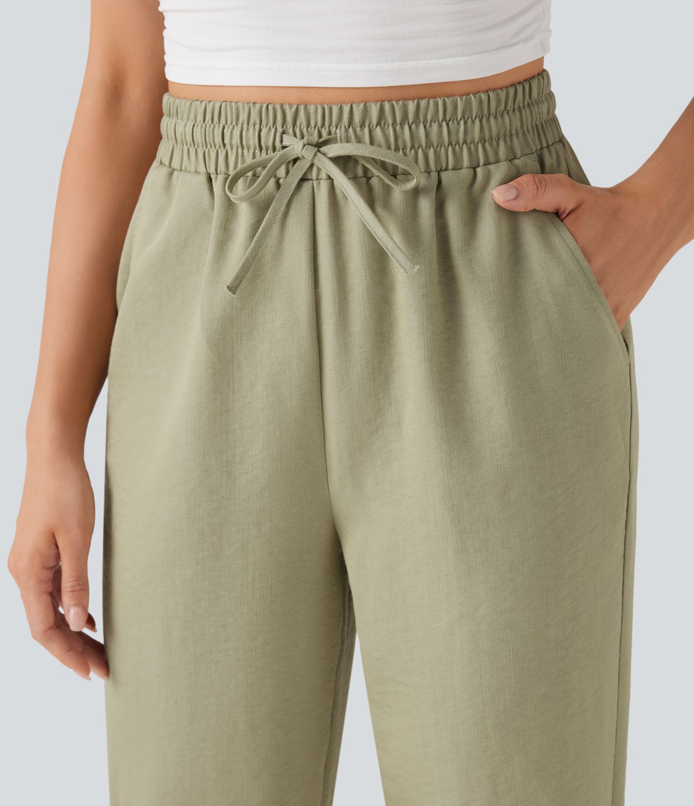 Pantalones casuales de talle alto resistentes a las arrugas con cordón, corte cónico, efecto lino y bolsillos