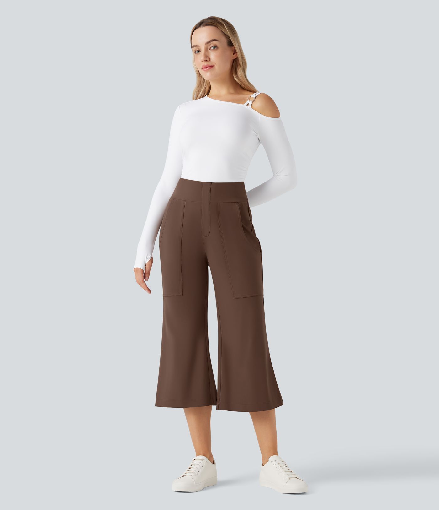 DayStretch High Waisted Flare Cropped Casual Trousers with Pockets