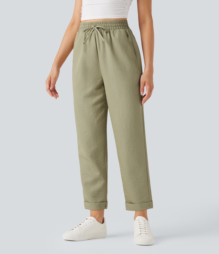 Wrinkle-Resistant High Waisted Drawstring Tapered Casual Linen-Feel Pants with Pockets