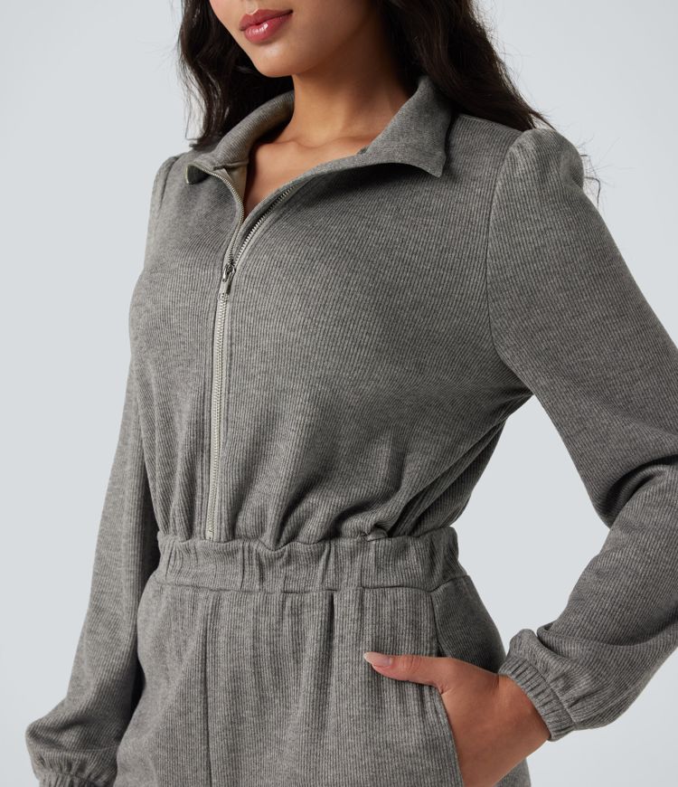 Half Zip Long Sleeve Wide Leg Casual Jumpsuit with Pockets-Easy Peezy Edition