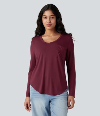 T-shirt col V manches longues ourlet arrondi coupe décontractée avec poche T-shirt col V manches longues ourlet arrondi coupe décontractée avec poche