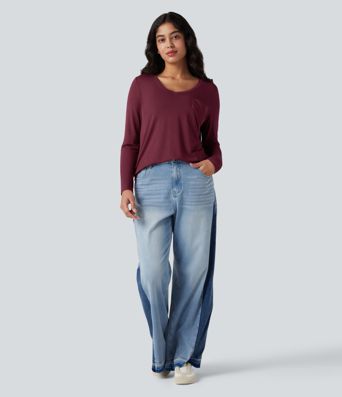 T-shirt col V manches longues ourlet arrondi coupe décontractée avec poche T-shirt col V manches longues ourlet arrondi coupe décontractée avec poche
