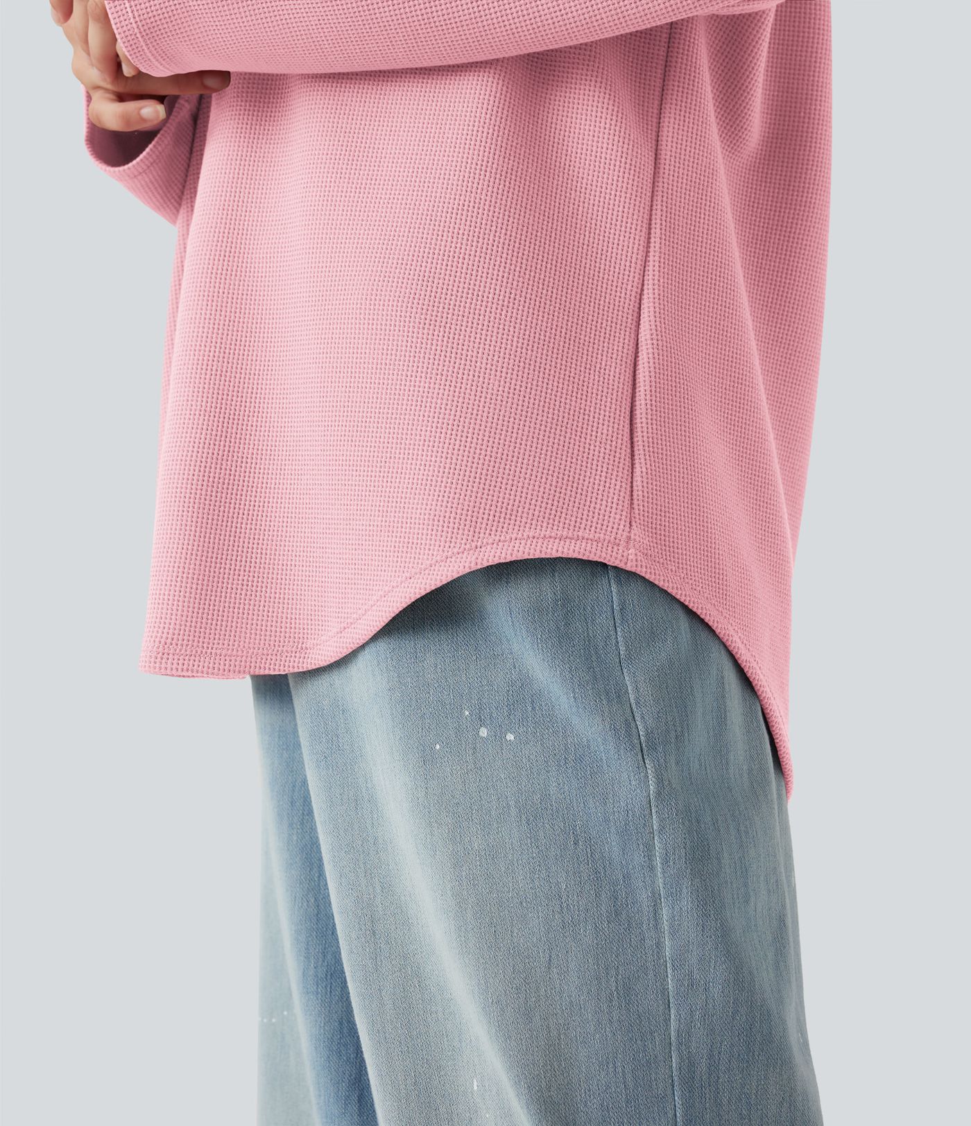 Hooded Drawstring Long Sleeve Curved Hem Waffle Casual Sweatshirt with Pocket