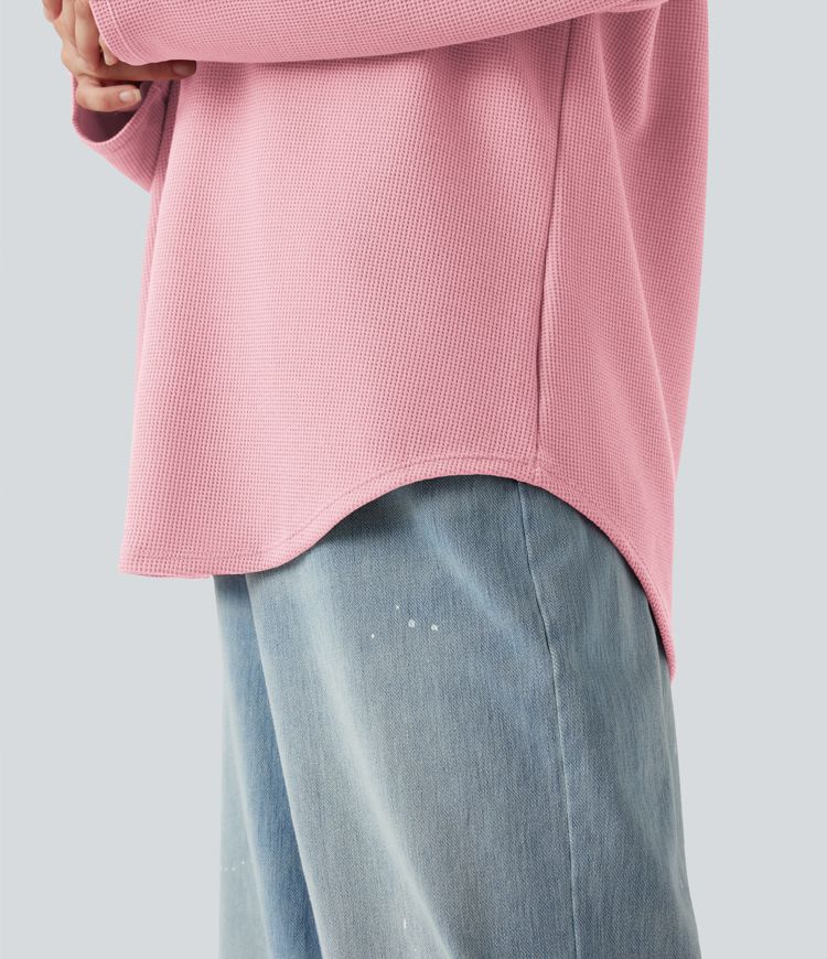 Hooded Drawstring Long Sleeve Curved Hem Waffle Casual Sweatshirt with Pocket