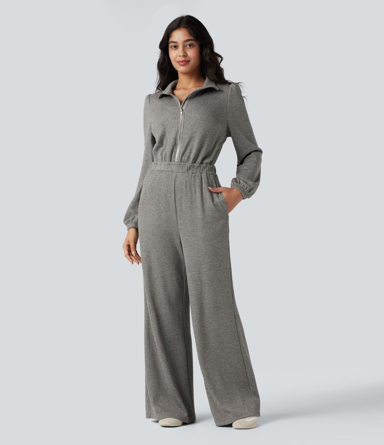 Half Zip Long Sleeve Wide Leg Casual Jumpsuit with Pockets-Easy Peezy Edition