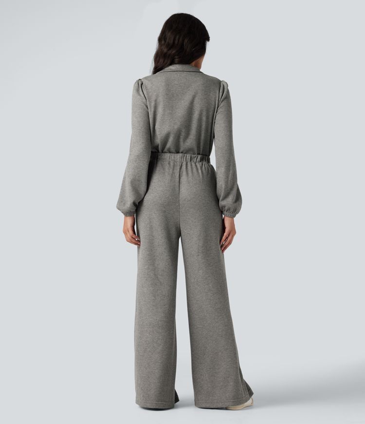 Half Zip Long Sleeve Wide Leg Casual Jumpsuit with Pockets-Easy Peezy Edition