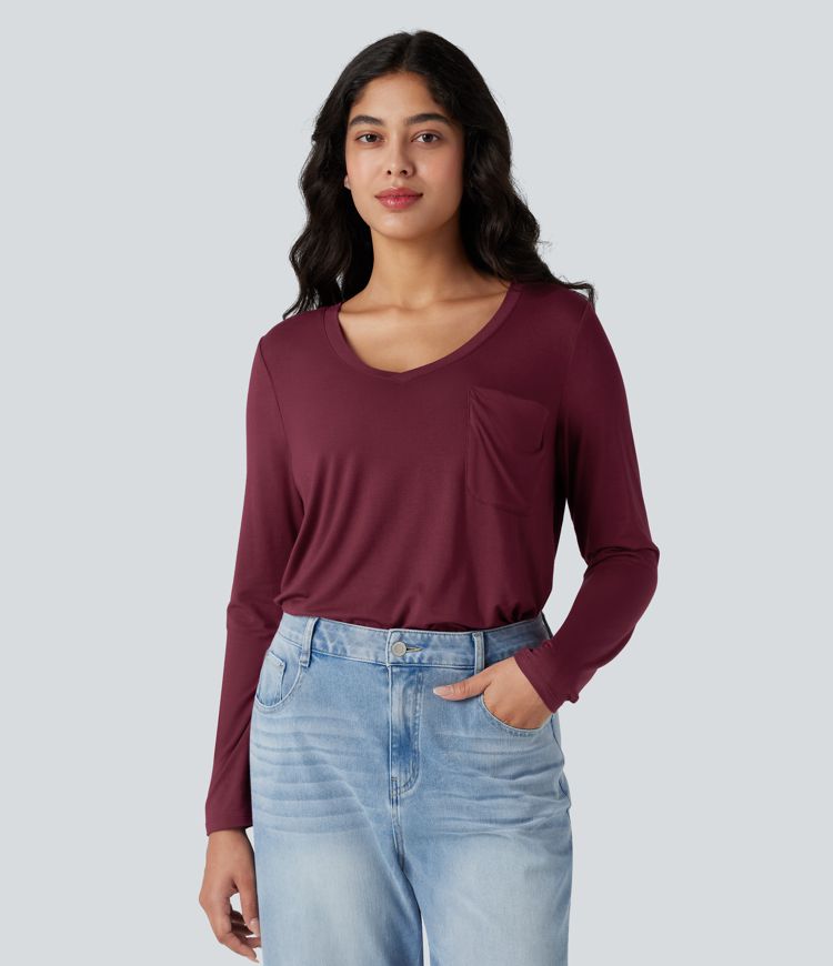 T-shirt col V manches longues ourlet arrondi coupe décontractée avec poche T-shirt col V manches longues ourlet arrondi coupe décontractée avec poche