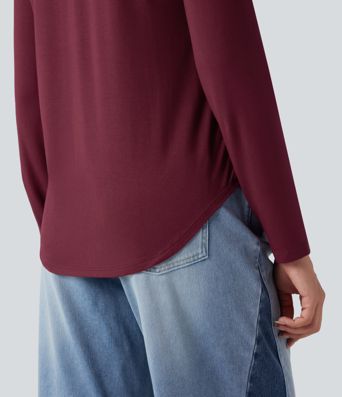 T-shirt col V manches longues ourlet arrondi coupe décontractée avec poche T-shirt col V manches longues ourlet arrondi coupe décontractée avec poche
