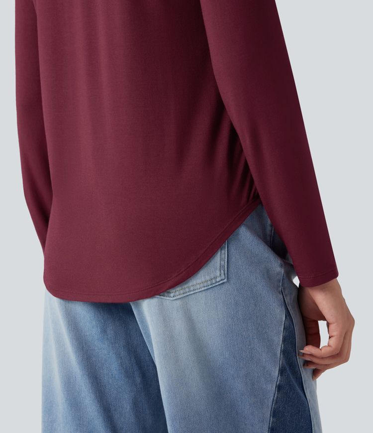 T-shirt col V manches longues ourlet arrondi coupe décontractée avec poche T-shirt col V manches longues ourlet arrondi coupe décontractée avec poche
