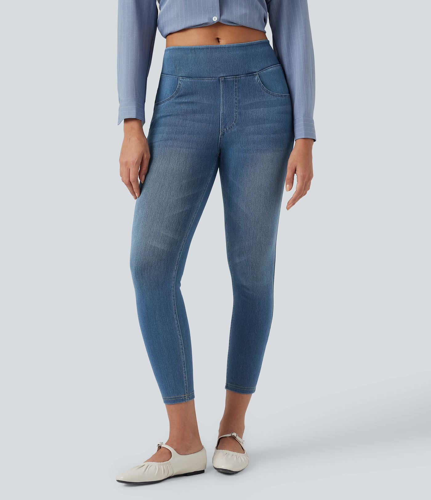 Halara Flex™ Jeans Lässige 7/8-Leggings aus dehnbarem Strickdenim mit hoher Taille und Gesäßtasche