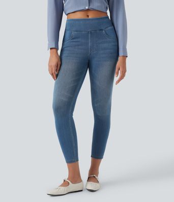 Halara Flex™ Jeans Lässige 7/8-Leggings aus dehnbarem Strickdenim mit hoher Taille und Gesäßtasche