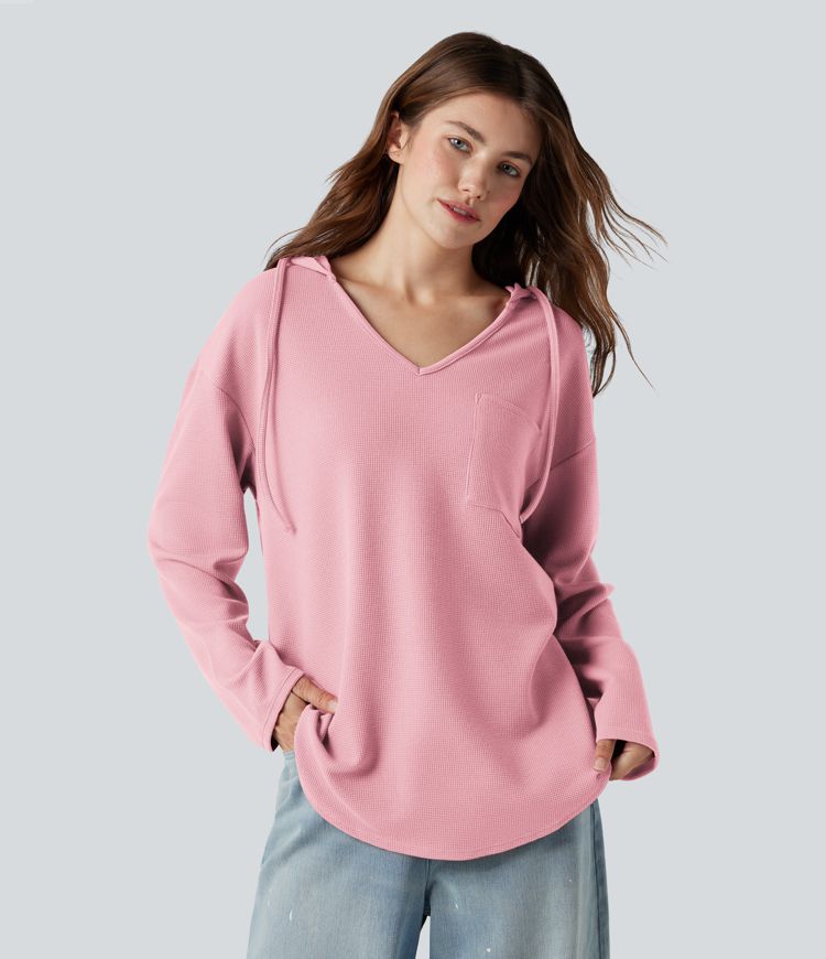 Hooded Drawstring Long Sleeve Curved Hem Waffle Casual Sweatshirt with Pocket