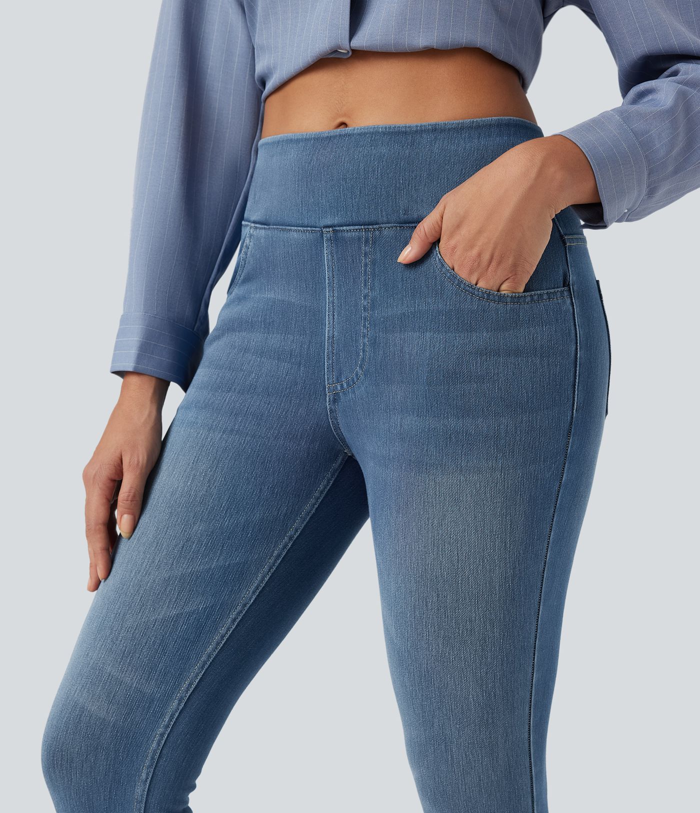 Halara Flex™ Jeans Lässige 7/8-Leggings aus dehnbarem Strickdenim mit hoher Taille und Gesäßtasche