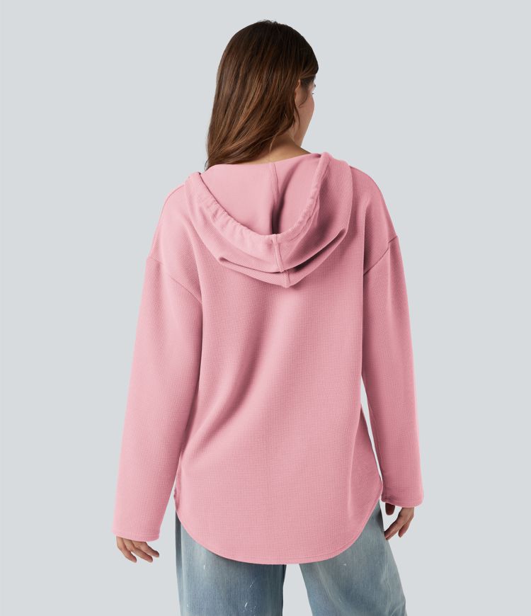 Hooded Drawstring Long Sleeve Curved Hem Waffle Casual Sweatshirt with Pocket