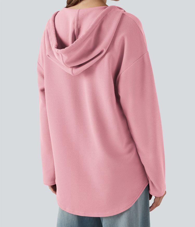 Hooded Drawstring Long Sleeve Curved Hem Waffle Casual Sweatshirt with Pocket