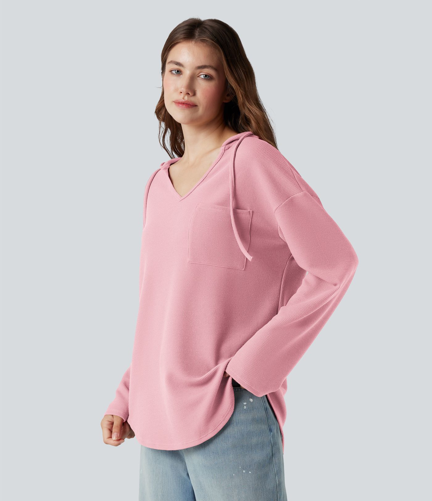 Hooded Drawstring Long Sleeve Curved Hem Waffle Casual Sweatshirt with Pocket