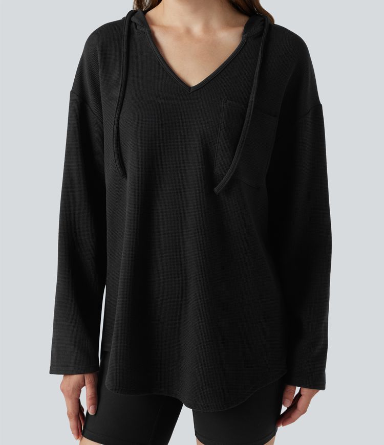 Sweat-shirt à capuche gaufré cordon de serrage manches longues ourlet arrondi avec poche