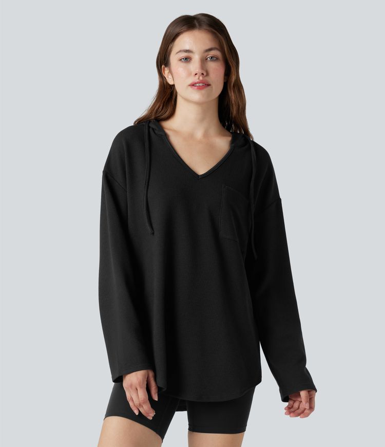 Sweat-shirt à capuche gaufré cordon de serrage manches longues ourlet arrondi avec poche