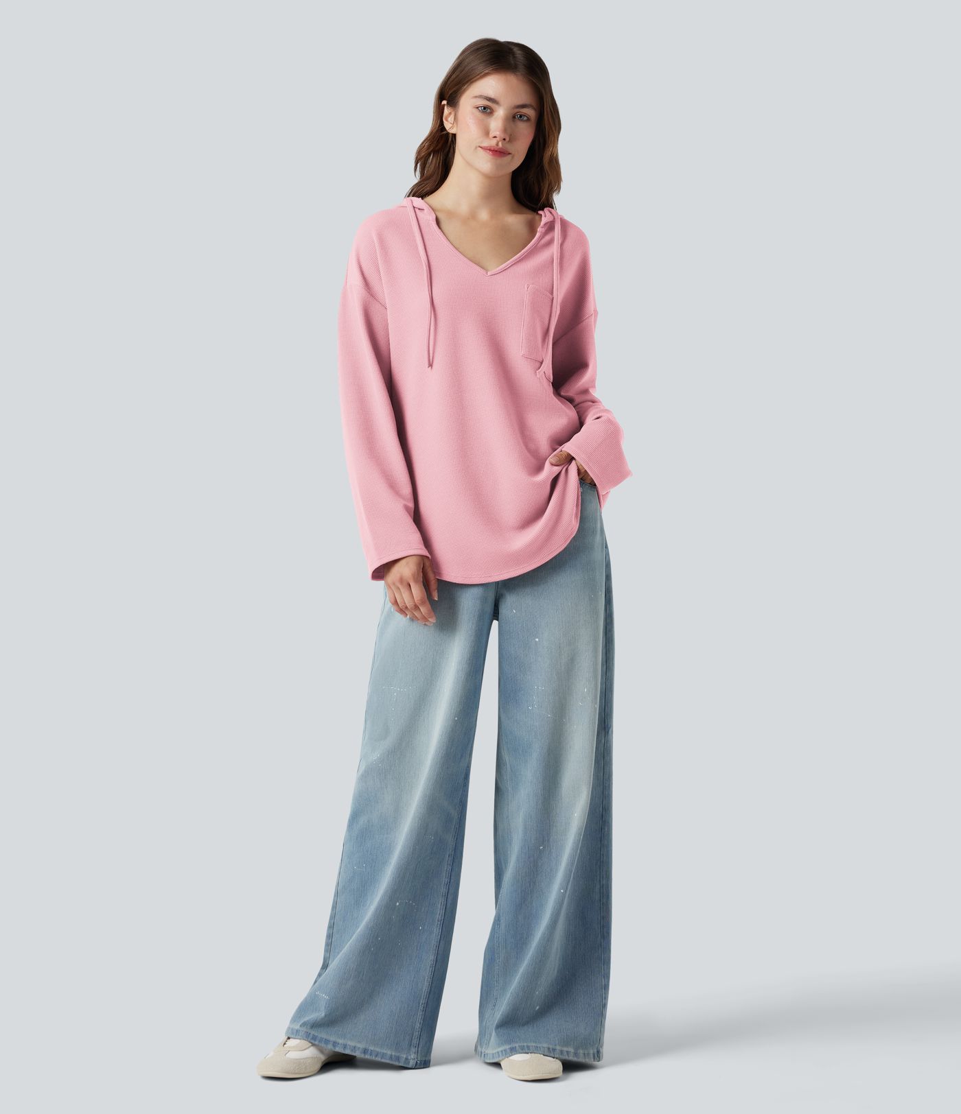 Hooded Drawstring Long Sleeve Curved Hem Waffle Casual Sweatshirt with Pocket