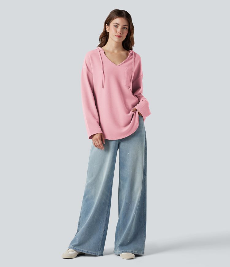Hooded Drawstring Long Sleeve Curved Hem Waffle Casual Sweatshirt with Pocket