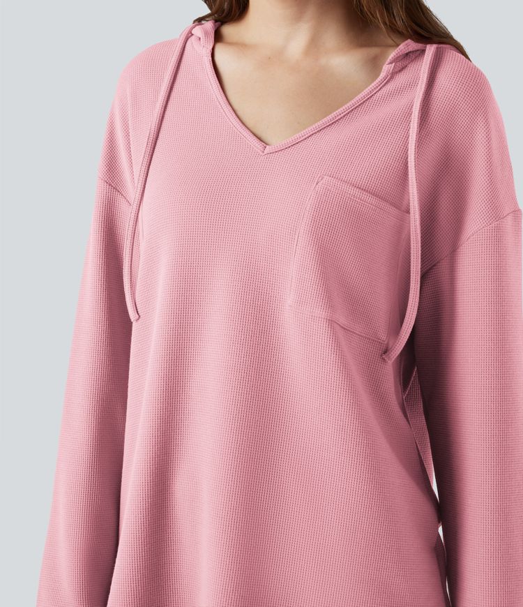 Hooded Drawstring Long Sleeve Curved Hem Waffle Casual Sweatshirt with Pocket
