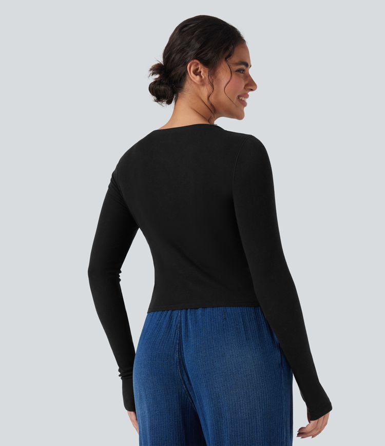 Top laine col échancré manches longues avec trous pouces