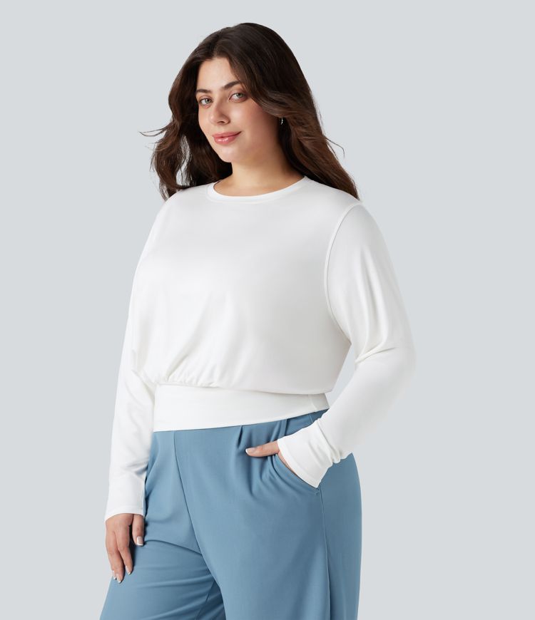 Round Neck Long Sleeve Work Plus Size Top