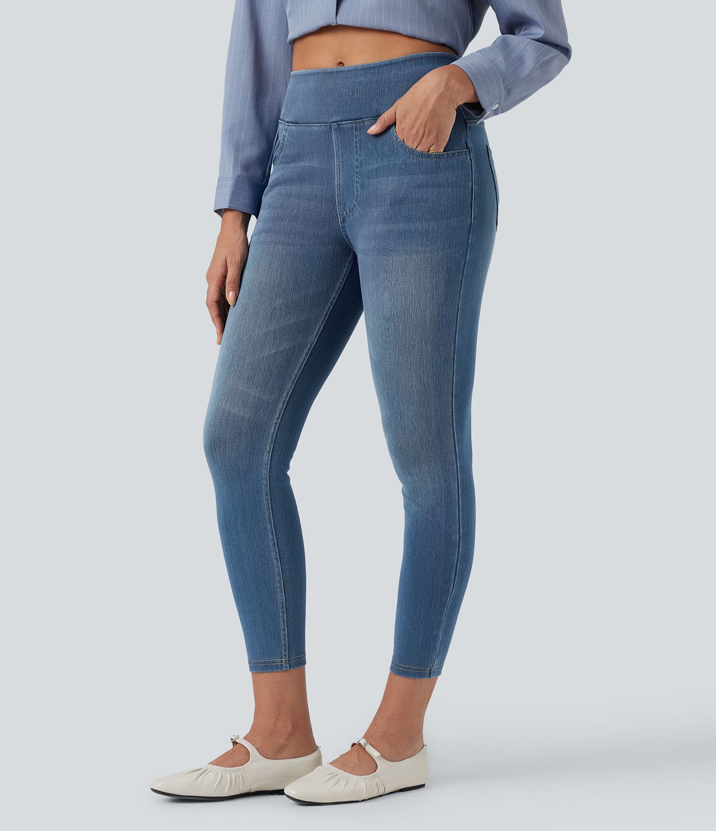 Halara Flex™ Jeans Lässige 7/8-Leggings aus dehnbarem Strickdenim mit hoher Taille und Gesäßtasche