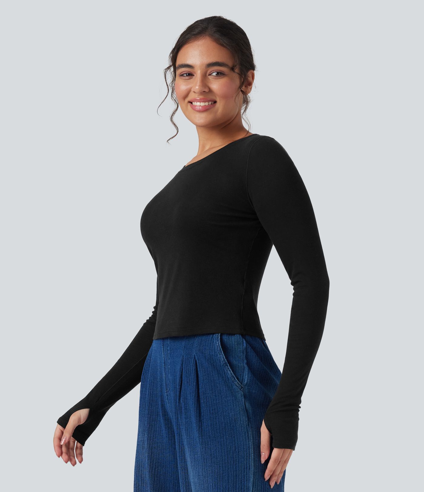 Top laine col échancré manches longues avec trous pouces