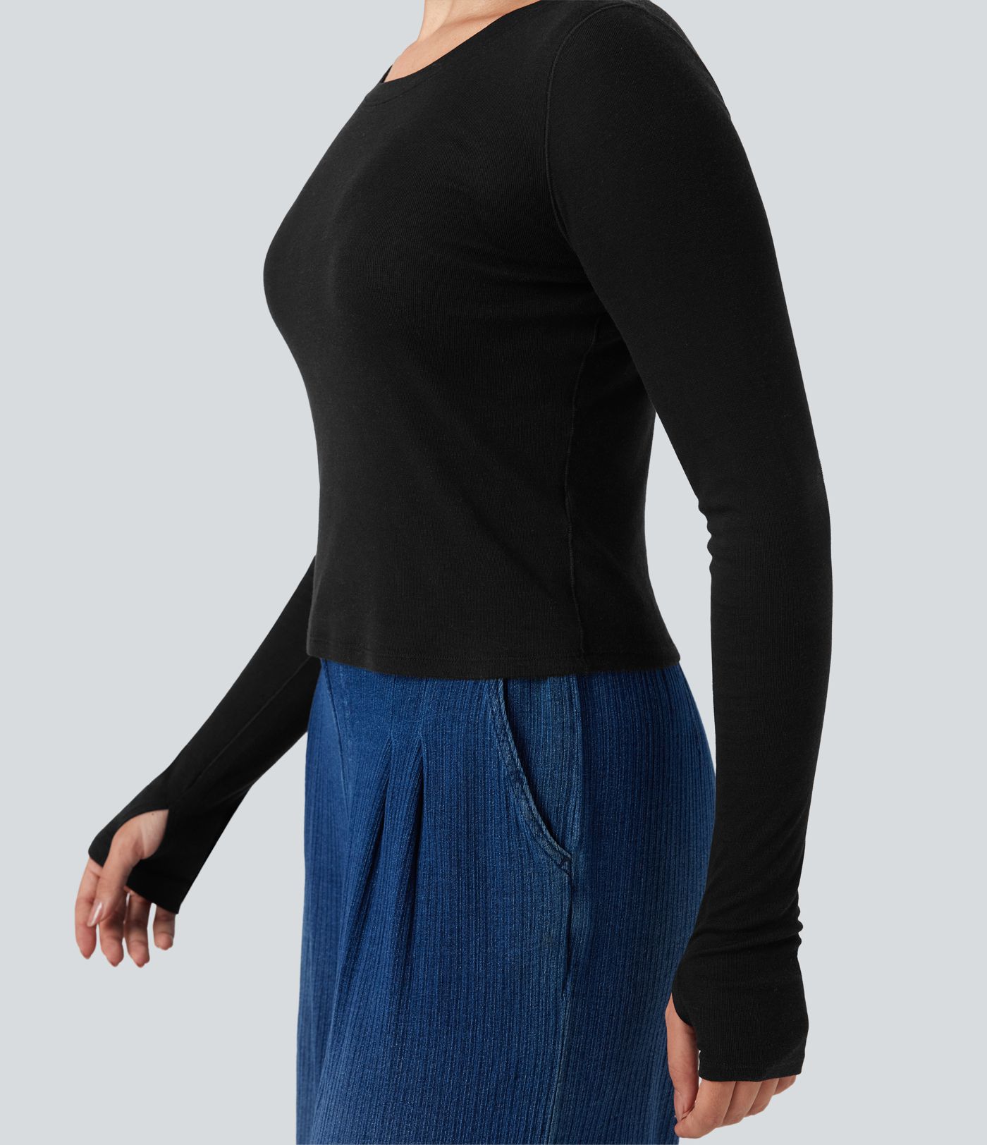 Top laine col échancré manches longues avec trous pouces