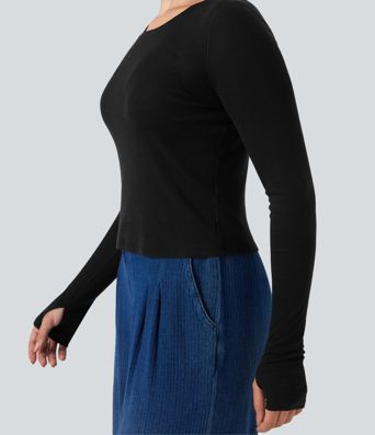 Top laine col échancré manches longues avec trous pouces