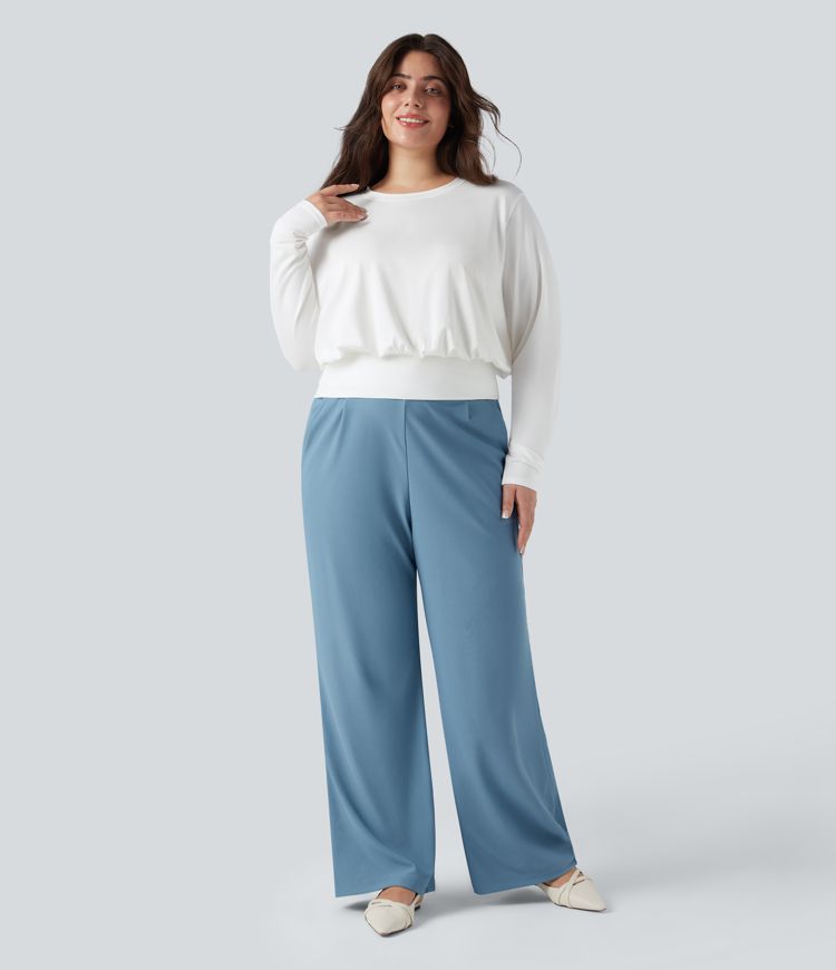 Round Neck Long Sleeve Work Plus Size Top