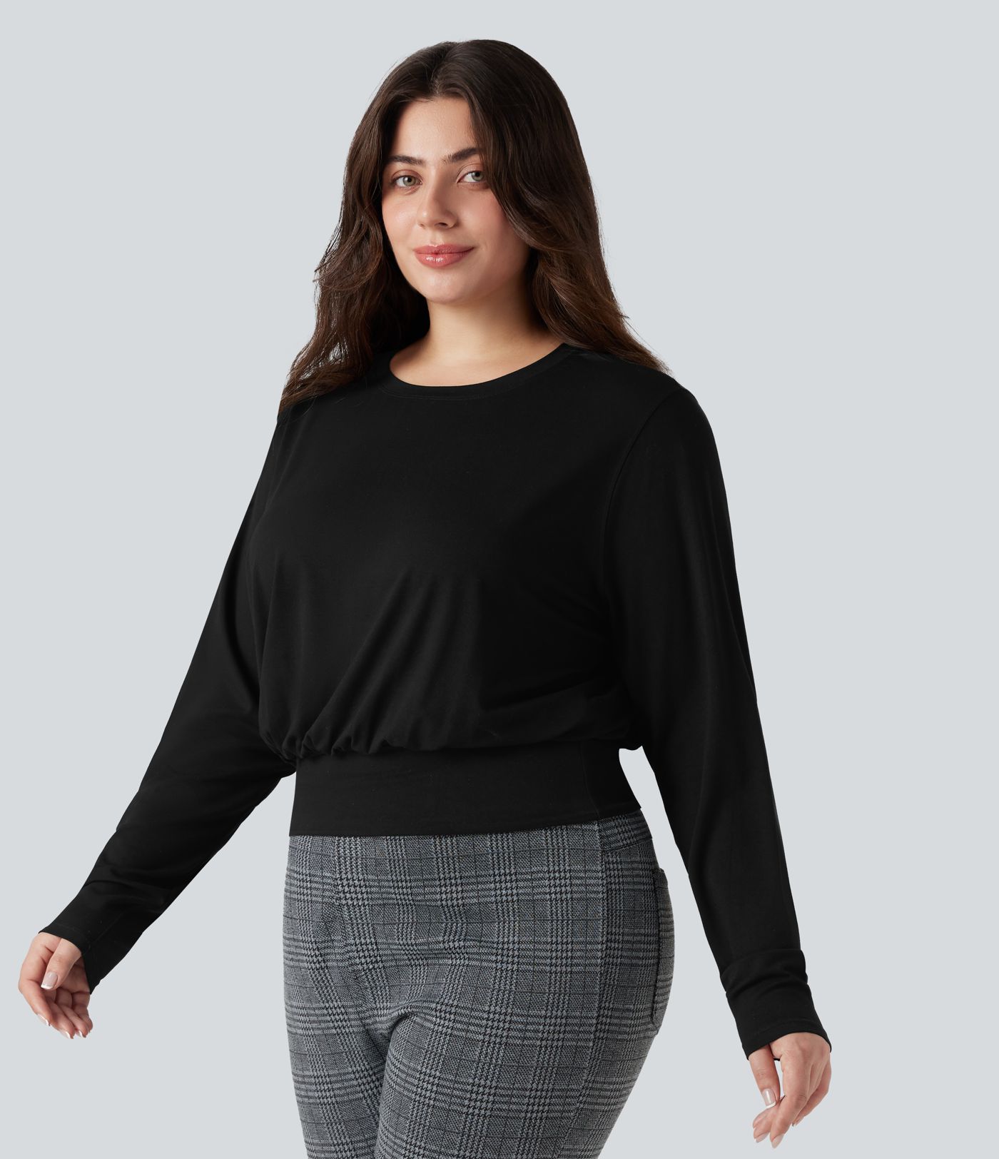 Round Neck Long Sleeve Work Plus Size Top