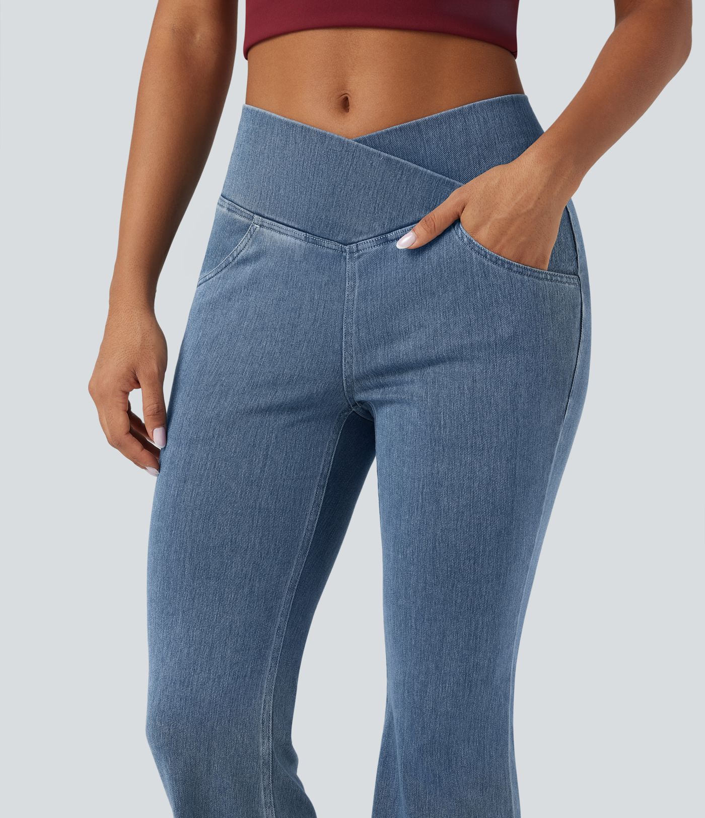 Halara Flex™ - Jean Ultra Evasé Tricot Extensible Lavé Poches Croisées Taille Haute