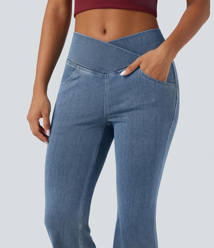 Halara Flex™ - Jean Ultra Evasé Tricot Extensible Lavé Poches Croisées Taille Haute