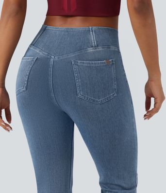 Halara Flex™ - Jean Ultra Evasé Tricot Extensible Lavé Poches Croisées Taille Haute