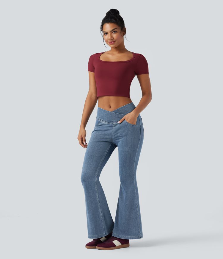 Halara Flex™ - Jean Ultra Evasé Tricot Extensible Lavé Poches Croisées Taille Haute