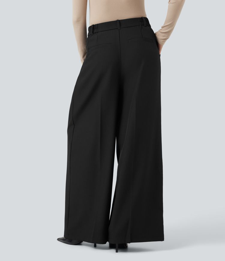 Anti-Wrinkle High Waisted Wide Leg Work Linen-Feel Pants with Pockets