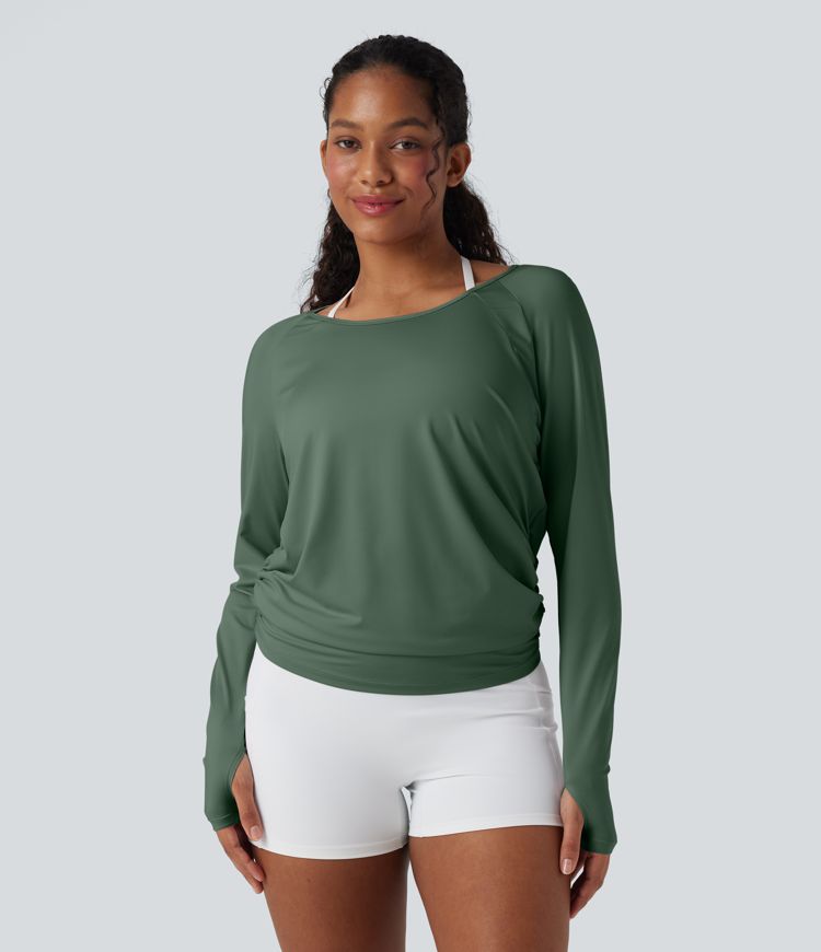 Cut-out Back Thumb Hole Ruched Relaxed Yoga Sports Top