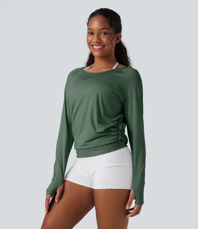 Cut-out Back Thumb Hole Ruched Relaxed Yoga Sports Top