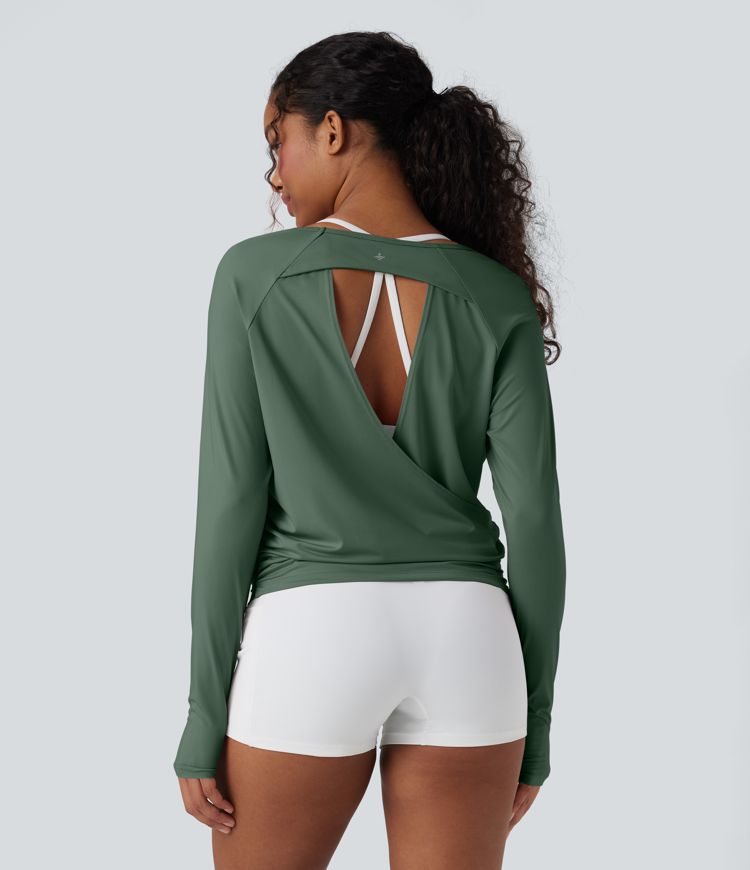 Cut-out Back Thumb Hole Ruched Relaxed Yoga Sports Top