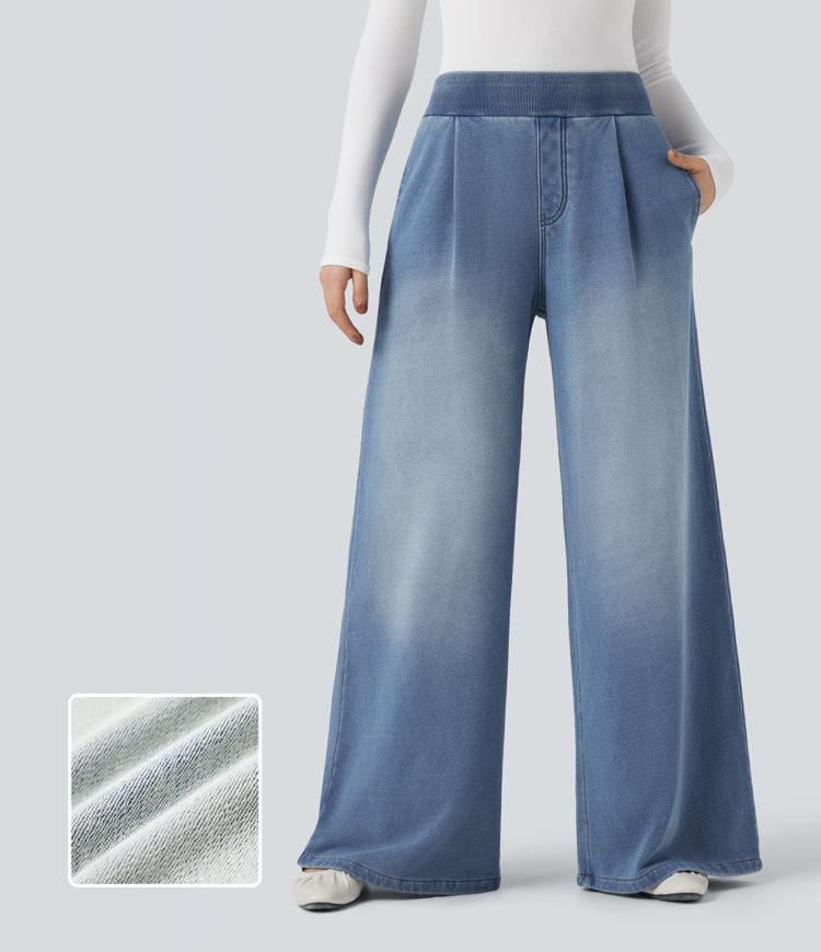 Halara Flex™ Mid Rise Wide Leg Flare French Terry Casual Sweatpants Jeans with Pockets