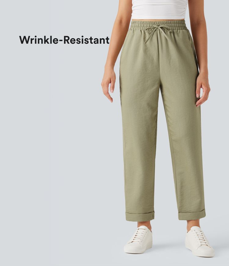 Wrinkle-Resistant High Waisted Drawstring Tapered Casual Linen-Feel Trousers with Pockets
