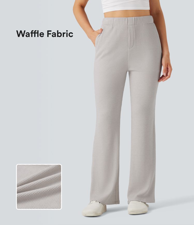 High Waisted Flare Waffle Casual Pants with Pockets
