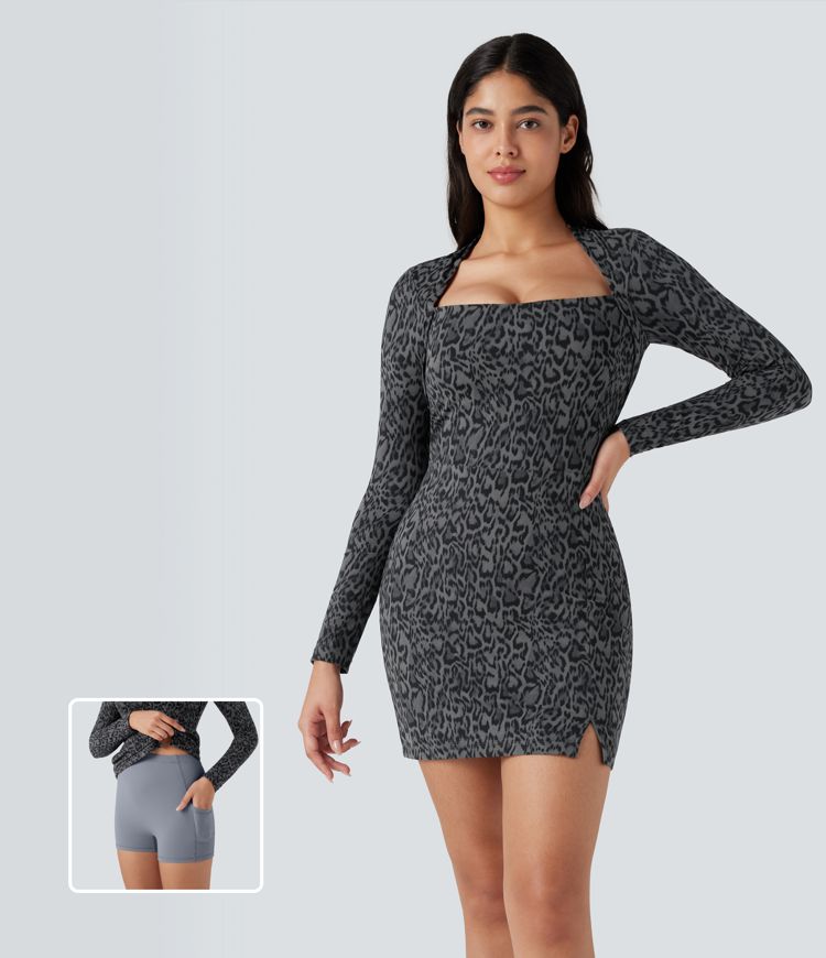 Halara UltraSculpt™ Leopard Print Long Sleeve 2-Piece Bodycon Mini Tennis Active Dress with Pocket