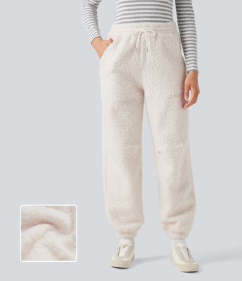 Lässige Teddy-Jogginghose mit mittelhohem Bund, mehreren Taschen und Kordelzug