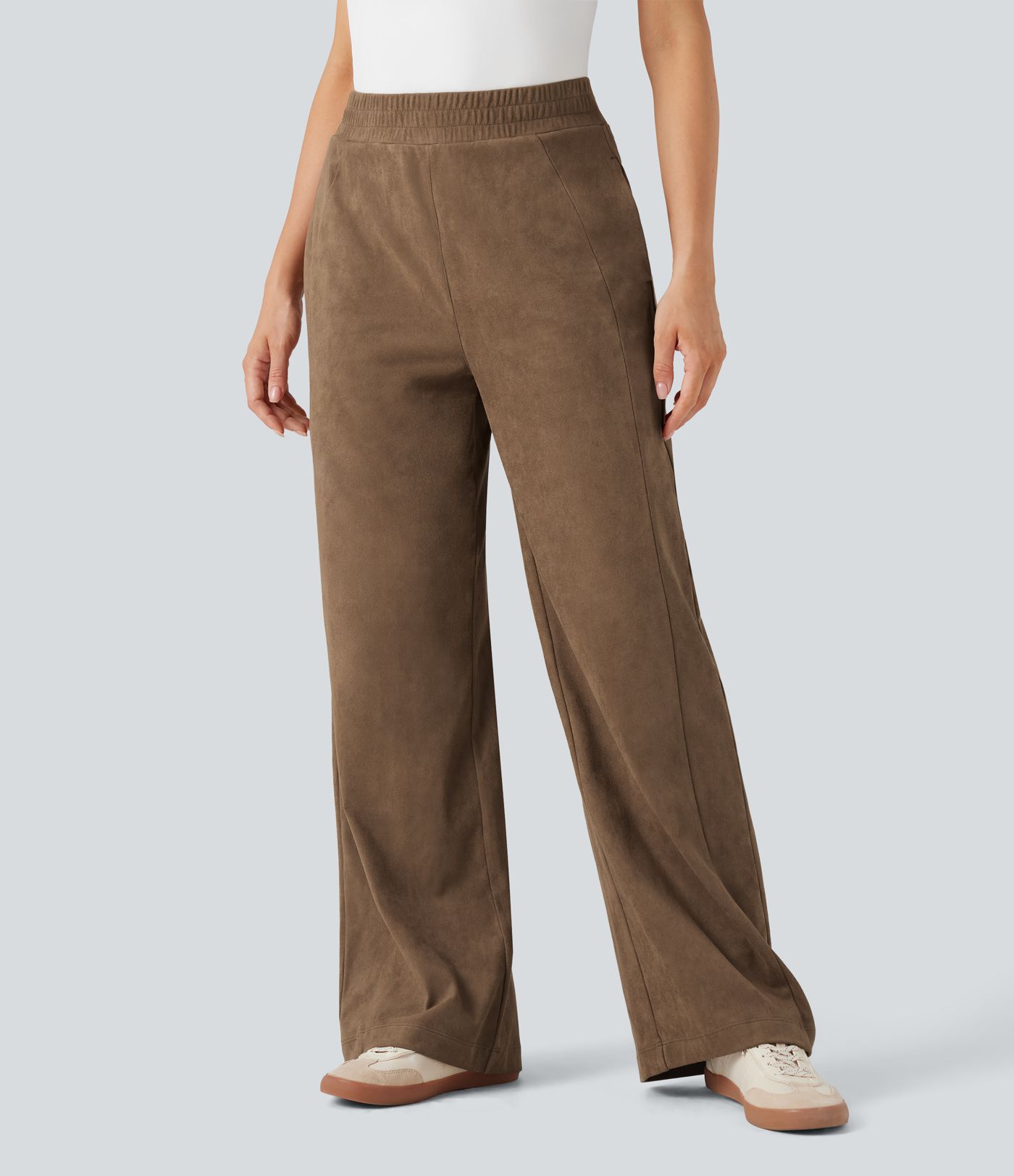 Mid Rise Suede Casual Baggy Pants with Pockets