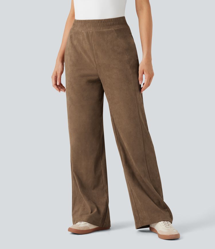 Mid Rise Suede Casual Baggy Pants with Pockets