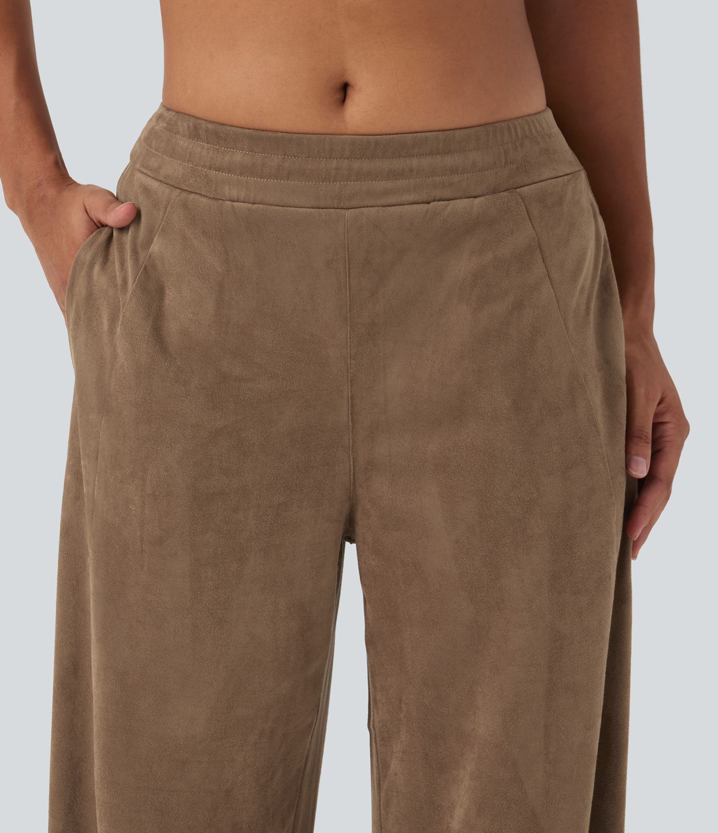 Mid Rise Suede Casual Baggy Pants with Pockets